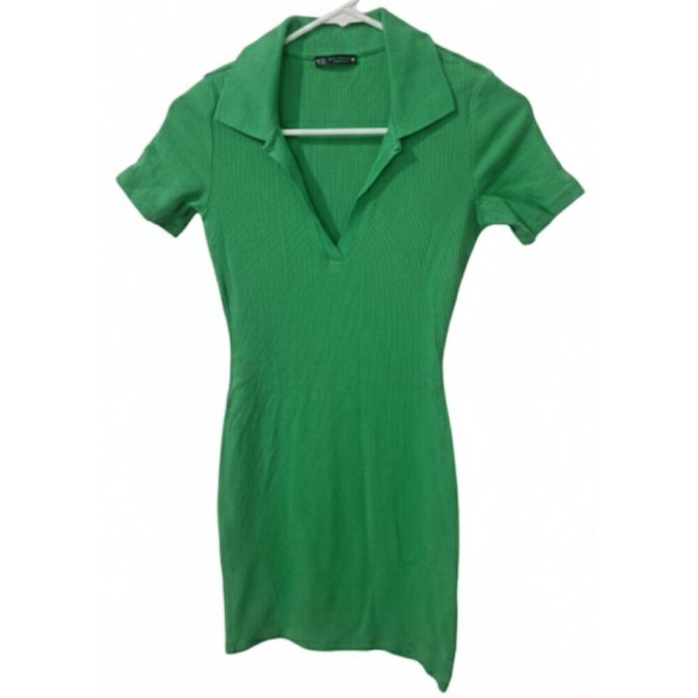 Zara Womens Small dress kelly green mini bodycon stretch collard Coquette - Picture 3 of 10